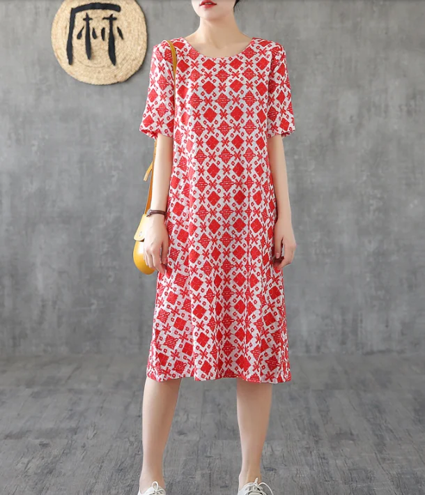 trendy mini dressRed Floral Short Sleeve Summer Spring Cotton Linen Women Dresses DZA20671