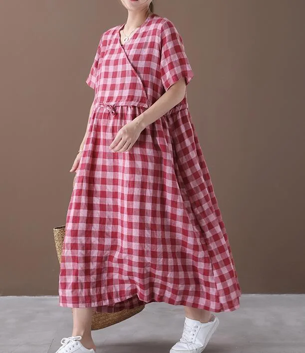 luxury dressRed Checked O Neck Women Dresses Casual Linen Women Dresses Short Sleeve SSM97215