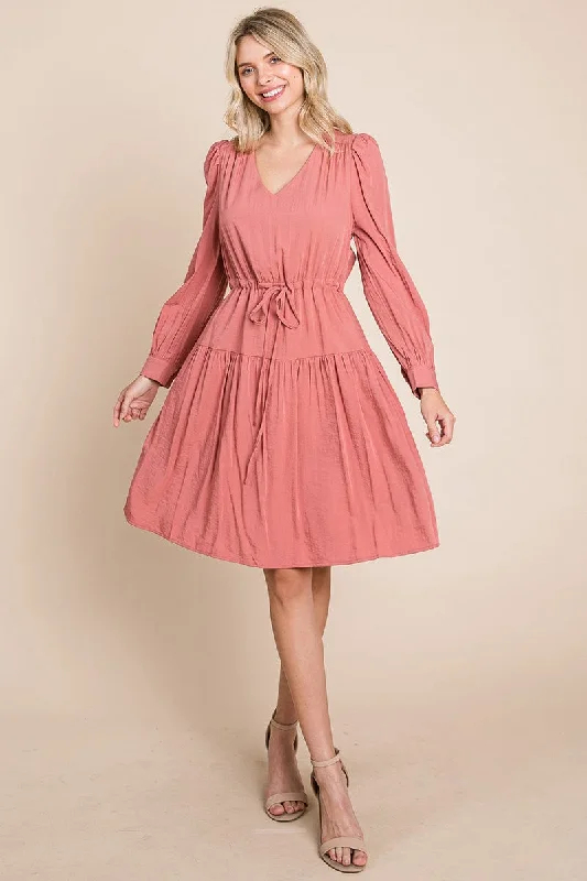 backless dressLong Sleeve Tiered Waist String Ruched Dress