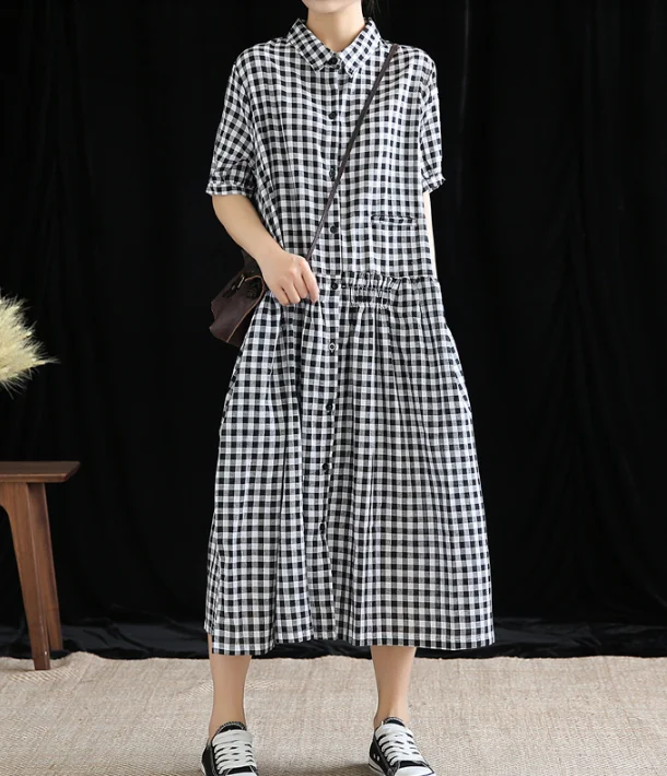 chic shift dressChecked Summer Spring Cotton Linen Women Dresses DZA20674