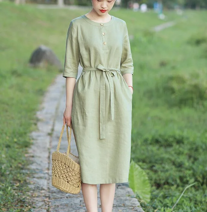 relaxed fit dressO Neck Women Dresses Casual Summer Linen Women Dresses Half Sleeve SSM97215