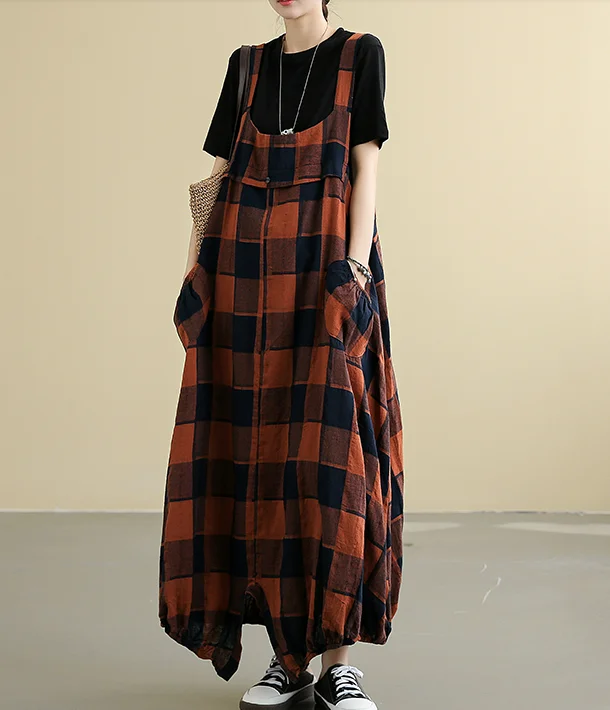 relaxed fit dressSleeveless Strap Plaid Summer Linen Sprng Women Dresses QJ050878