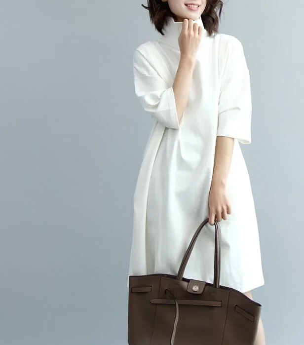 classic fit-and-flare dressWhite Loose Women High Collar Knit Cotton Spring Dresses