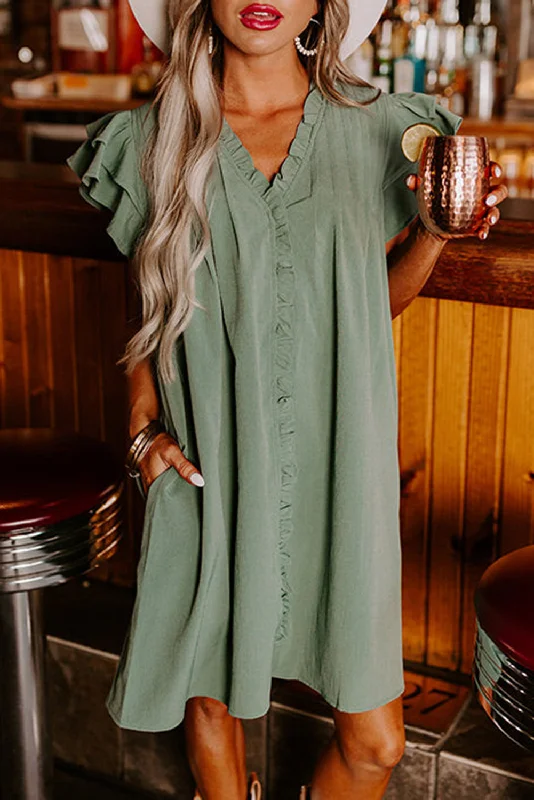 chic wrap dressMist Green Ruffle Trim Sleeve V Neck Pocketed Mini Dress