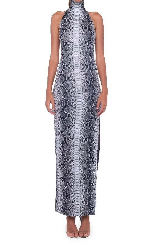 printed dressHalter Turtle Side Slit Gown In Black/white Python