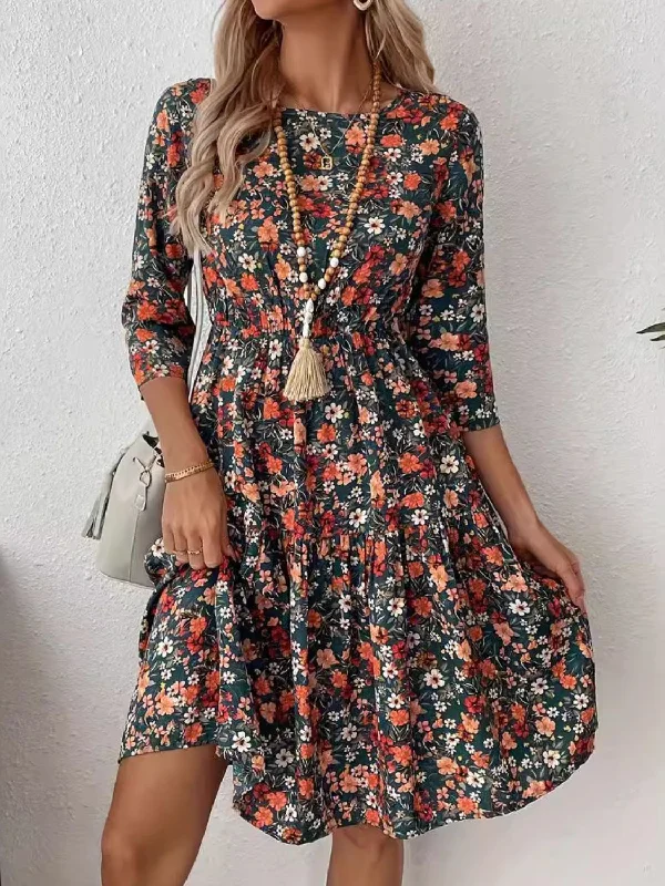 casual dressFrill Floral Round Neck Dress