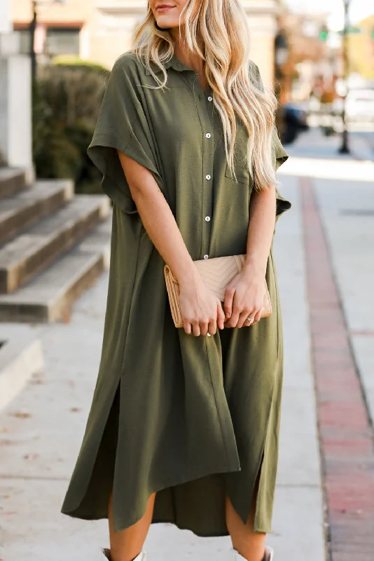 cocktail party dressJungle Green Loose High Low Side Slits Short Sleeve Shirt Dress