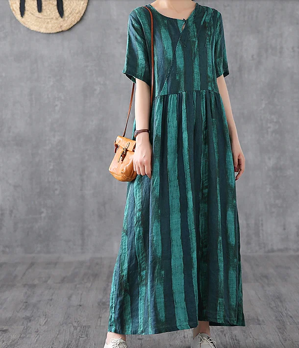 v-neck dressPrint Short Sleeve Summer Spring Linen Women loose Dresses DZA20653