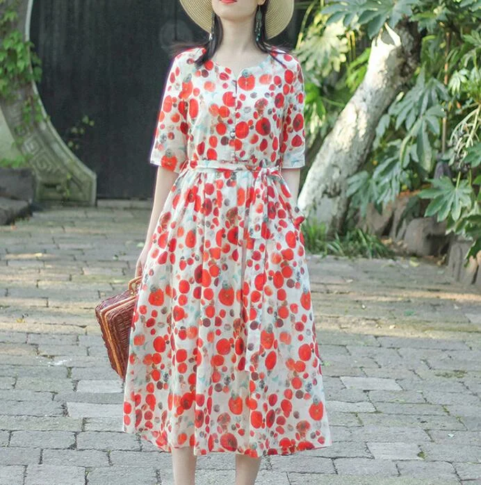 classic fit-and-flare dressRed Floral Dotted Loose Long Summer Linen Cotton O Neck Spring Dresses