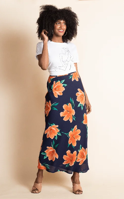 Super Bargain Sophie Skirt in Orange on Navy Tulip