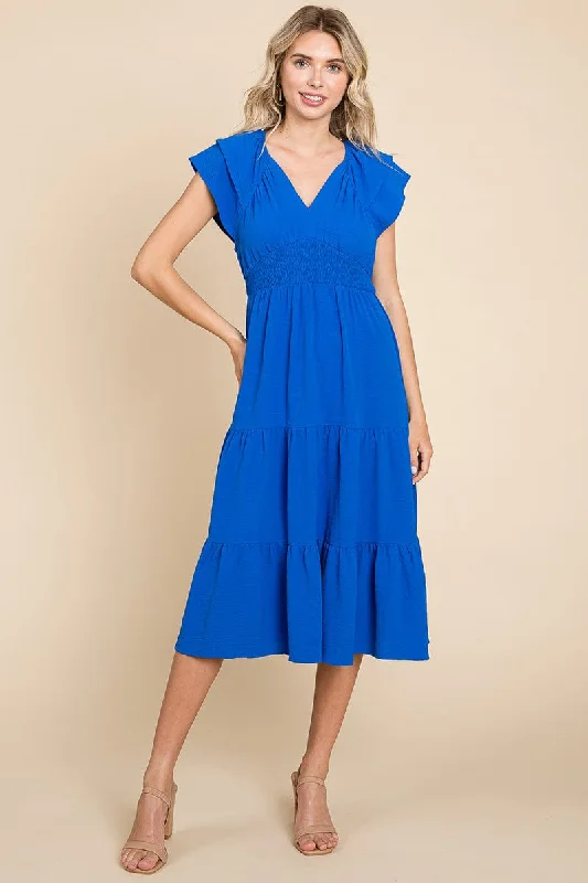 minimalistic dressRuffle Cap Sleeve Tiered Smocked Midi Dress