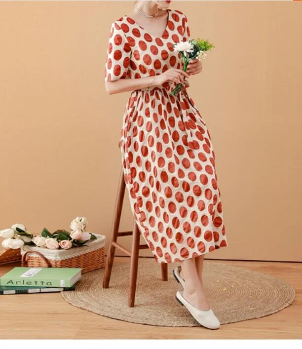 elegant shift dressLarge Dot Women Dresses Ramie Casual Spring Linen Women Dresses MN97215