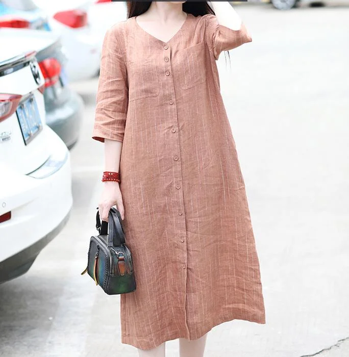 office dressStriped V Neck Women Dresses Ramie Casual Spring Linen Women Dresses Short Sleeve SSM97215