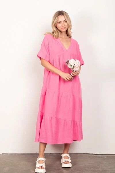 casual dressVERY J Soft Crinkle Gauze Short Sleeve Midi Dress