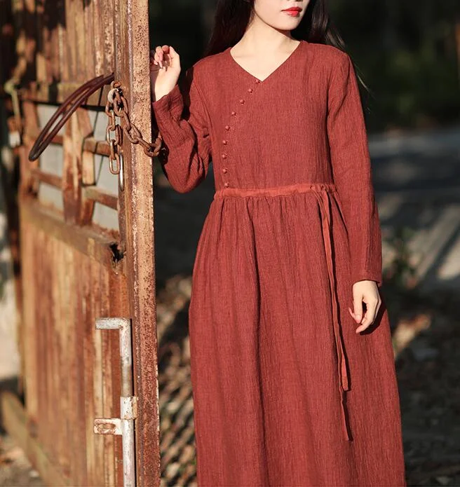 elegant dressRed Women Dresses Casual Spring Linen Women Dresses Long Sleeve SSM97215