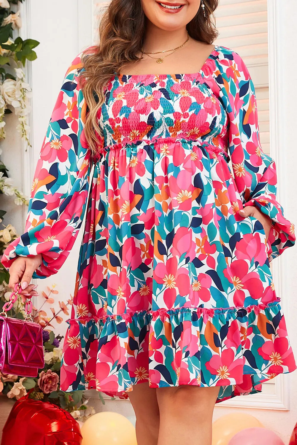 lace-up dressPlus Size Smocked Floral Square Neck Balloon Sleeve Dress