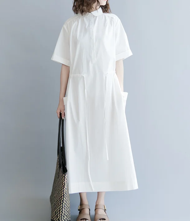 pleated maxi dressWhite Summer Cotton Linen Spring Women Dresses Plus SizeQZ200526