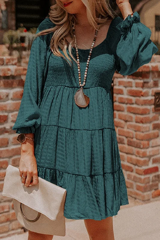 denim dressMist Green Long Sleeve Smocked Tiered Boho Dress