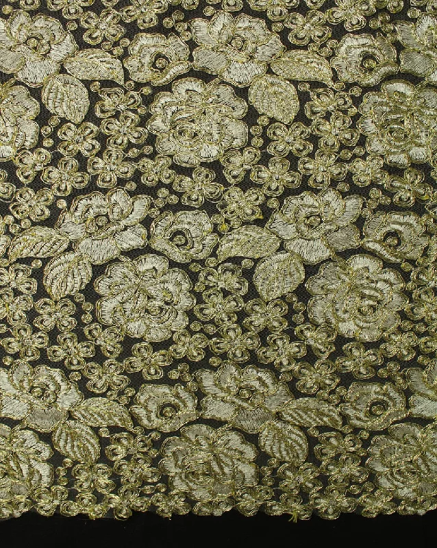 party dressWhite And Gold Floral Polyester Net Embroidered Fabric