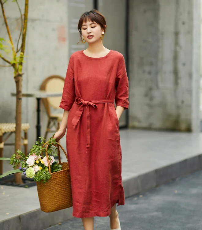 pleated dressRed Women Dresses Short Sleeve Casual Summer Linen Women Dresses SJ97215