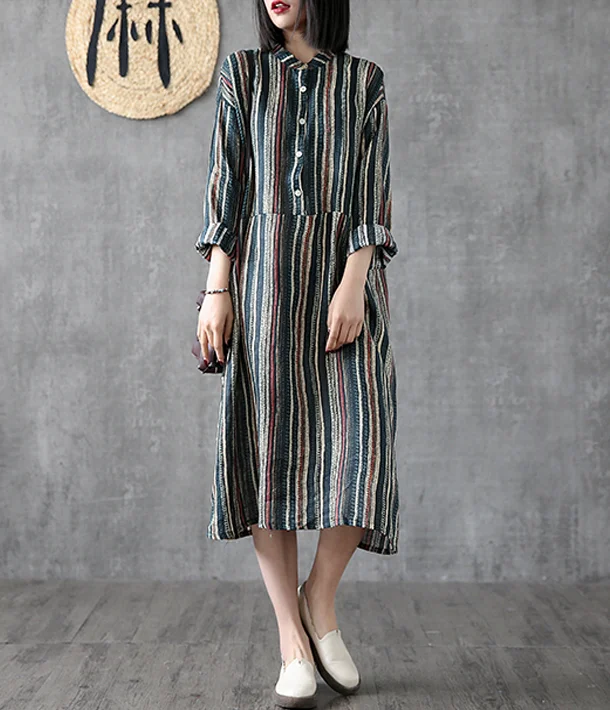 casual shift dressStriped Long Sleeve Summer Spring Linen Women Dresses DZA20681