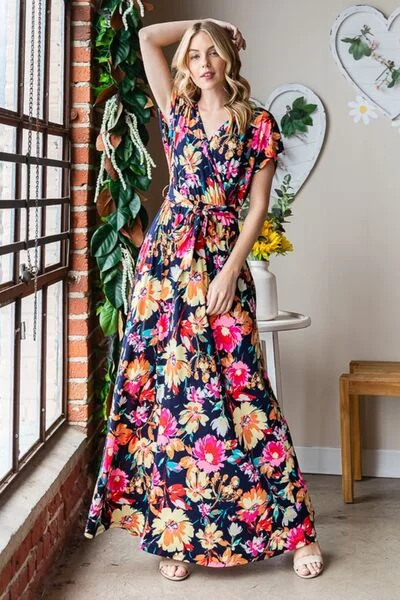 casual midi dressHeimish Full Size Floral Surplice Tie Waist Maxi Dress