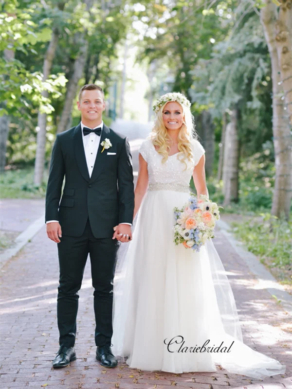 Warehouse Sale Cap Sleeves Sequins Wedding Dresses, Newest A-line Tulle Wedding Dresses