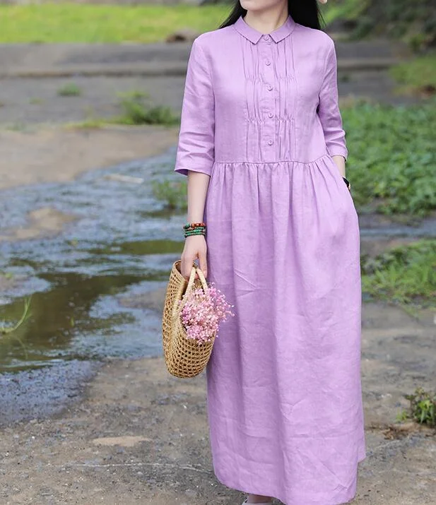 ruffle dressPurple Women Dresses Ramie Casual Spring Linen Women Dresses Long Sleeve SSM97215