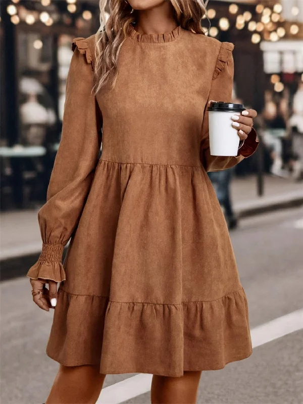 tiered dressFrill Round Neck Long Sleeve Mini Dress