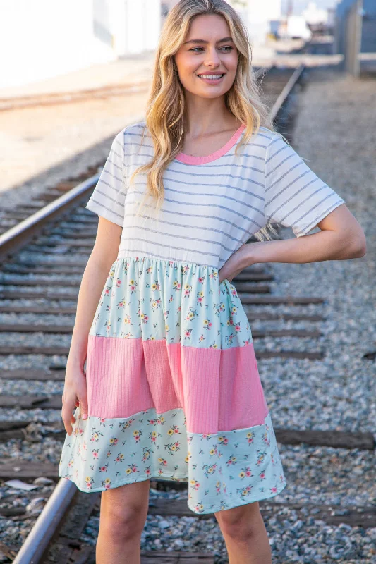 boho-chic dressFloral and Stripe Color Block Fit and Flare Rib Dress