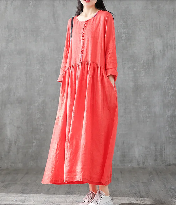 off-the-shoulder dressO Neck Long Sleeve Summer Spring Linen Women loose Dresses DZA05251