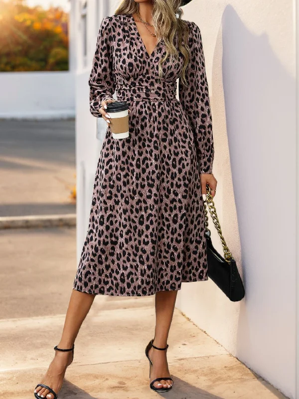 comfy dressPerfee Leopard Surplice Long Sleeve Midi Dress