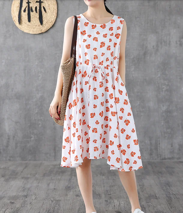 stylish dressRed Floral Short Sleeve Summer Spring Linen Women Dresses DZA20665