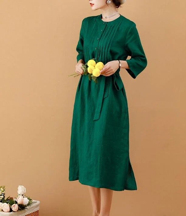 boho dressGreen Women Dresses Ramie Casual Spring Linen Women Dresses MN97215