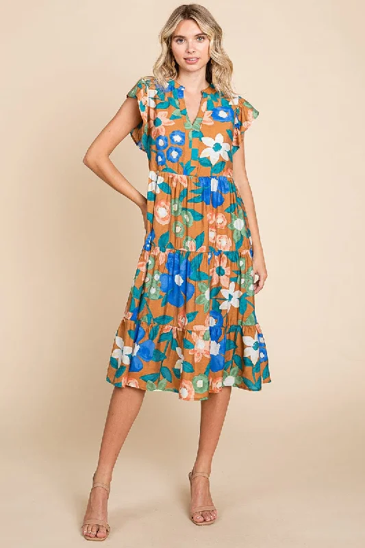 form-fitting dressFloral V Neck Ruffle Tiered Midi Cotton Dress, S-3X