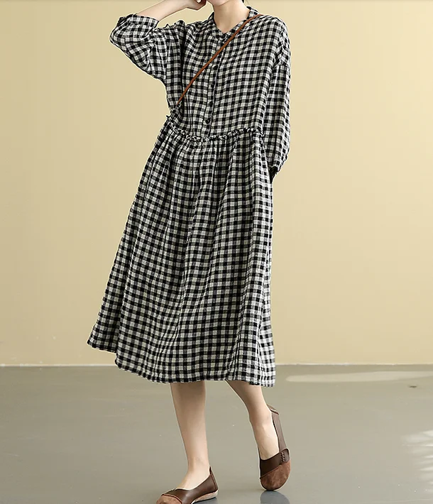 long sleeve dressplaid  Summer  Linen Spring Women loose and comfortable Dresses DZA05094