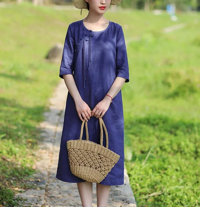 chic shift dressNavy Blue Women Dresses Casual Summer Linen Women Dresses Hand Made ButtonsSSM97215