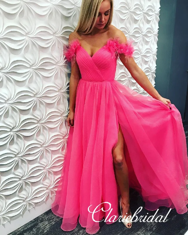 Mega Deal Off Shoulder Long A-line Hot Pink Tulle Prom Dresses, Lovely Prom Dresses, 2020 Prom Dresses Mega Deal Off Shoulder Long A-line Hot Pink Tulle Prom Dresses, Lovely Prom Dresses, 2020 Prom Dresses