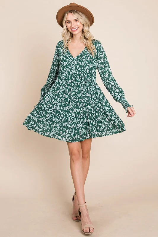 trendy dressV neck Floral Printed Long Sleeve Pleated Dress