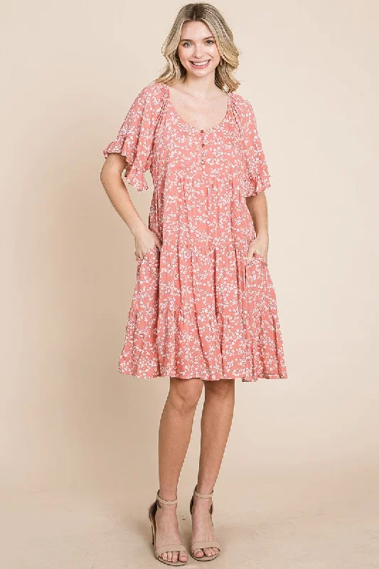 ruched dressTiered Floral Printed Flutter Short Sleeve Dress