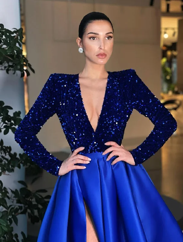 Get It Before It’s Gone Ball Gown Evening Gown Sparkle & Shine Dress Wedding Party Floor Length Long Sleeve V Neck Pocket Satin with Sequin Pocket Get It Before It’s Gone Ball Gown Evening Gown Sparkle & Shine Dress Wedding Party Floor Length Long Sleeve V Neck Pocket Satin with Sequin Pocket