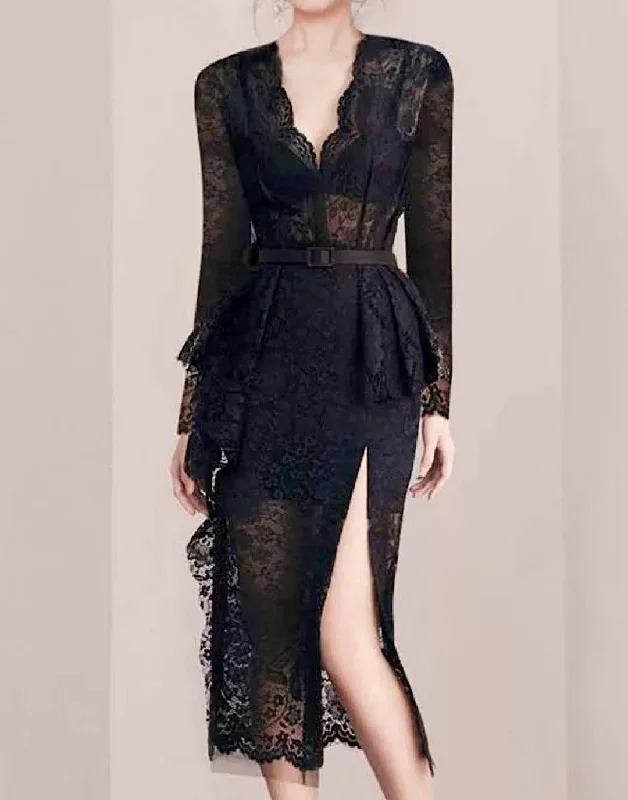 elegant maxi dressEmbroidered Side Slit Lace Dress