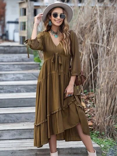 elegant maxi dressRuched Frill Long Sleeve Tiered Dress