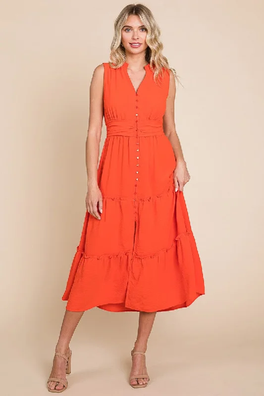 oversized dressSleeveless V neck Button Down Tiered Midi Dress