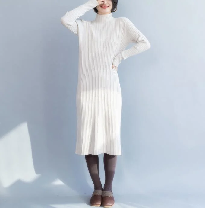 vintage-inspired dressWhite Knit Long Sleeve High Collar Sweater Spring Dresses