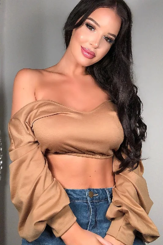 oversized sweatshirtCamel Plunge Off Shoulder Cropped Sweatshirt - Zarah