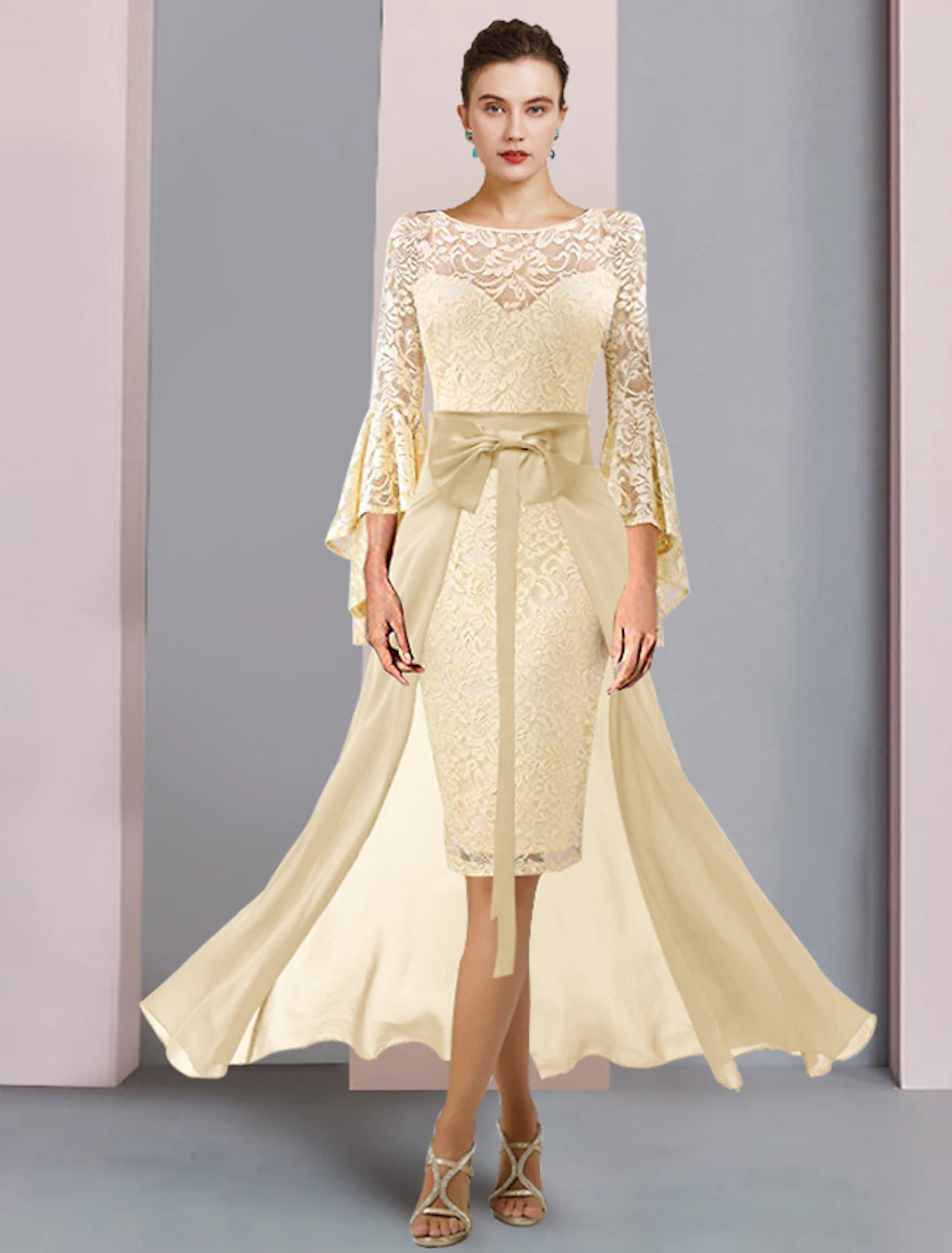 Special Price Two Piece Sheath / Column Mother of the Bride Dress Formal Wedding Guest Elegant Scoop Neck Knee Length Chiffon Lace 3/4 Length Sleeve with Bow(s) Special Price Two Piece Sheath / Column Mother of the Bride Dress Formal Wedding Guest Elegant Scoop Neck Knee Length Chiffon Lace 3/4 Length Sleeve with Bow(s)