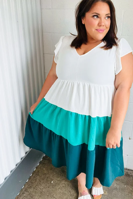 statement dressSeafoam & Emerald Tiered Frill Sleeve Midi Dress