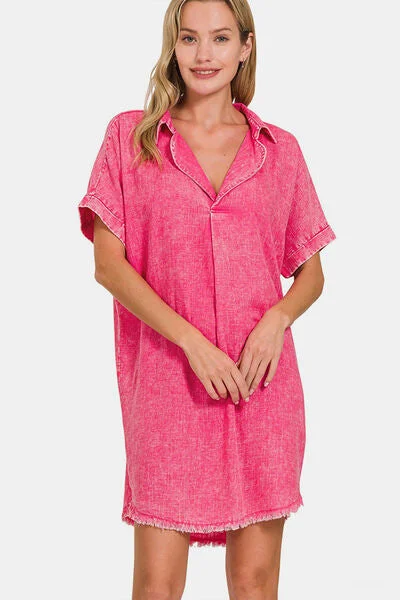 casual shift dressZenana Washed Linen V-Neck Raw Hem Dress