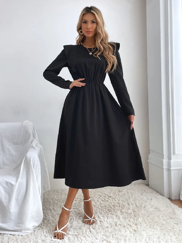 stylish party dressRuched Ruffled Round Neck Long Sleeve Dress